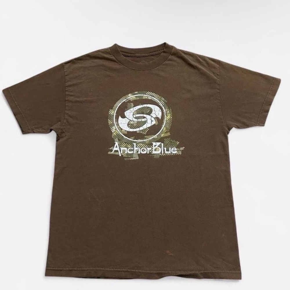 Mens Vintage Anchor Blue Brown Short-Sleeve Logo Tee